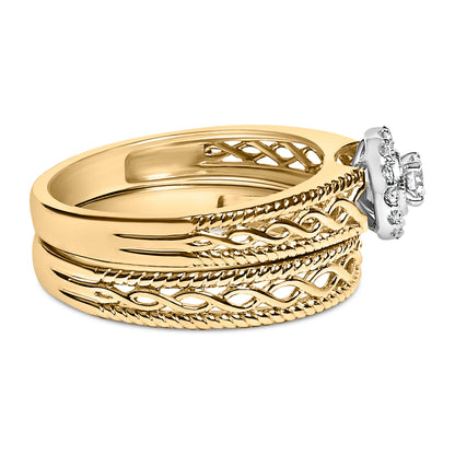 14K Yellow Gold Plated .925 Sterling Silver 1/5 Cttw Diamond Halo Engagement Ring and Wedding Band Set (I-J Color, I3 Clarity) - Size 7