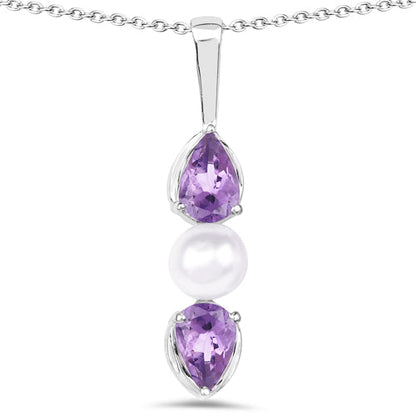 1.34 Carat Genuine Amethyst and Pearl .925 Sterling Silver Pendant