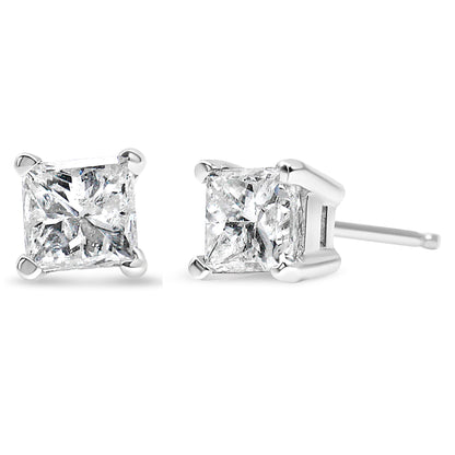 AGS Certified 14K White Gold 1.0 Cttw 4-Prong Set Princess-Cut Solitaire Diamond Push Back Stud Earrings (I-J Color, SI2-I1 Clarity)