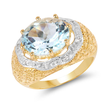 14K Yellow Gold Plated 5.27 Carat Genuine Blue Topaz & White Topaz .925 Sterling Silver Ring