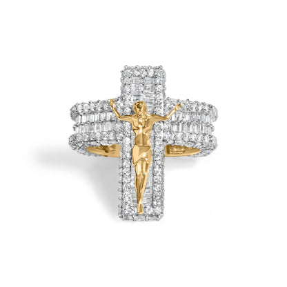 Men's 10K Yellow Gold 5-2/5 Cttw Diamond Jesus Crucifix Cross Cocktail Ring