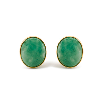 18K Yellow Gold 12x10 MM Bezel Set Oval Green Aventurine Stud Earrings
