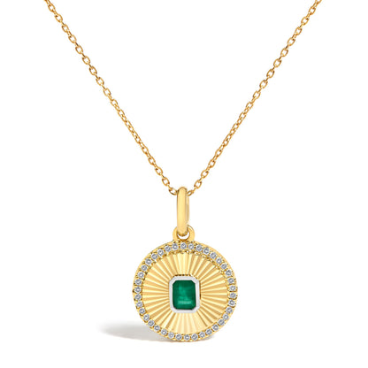 10K Yellow Gold 4x3 MM Emerald and 1/10 Cttw Diamond Circle Fluted Medallion Pendant Necklace