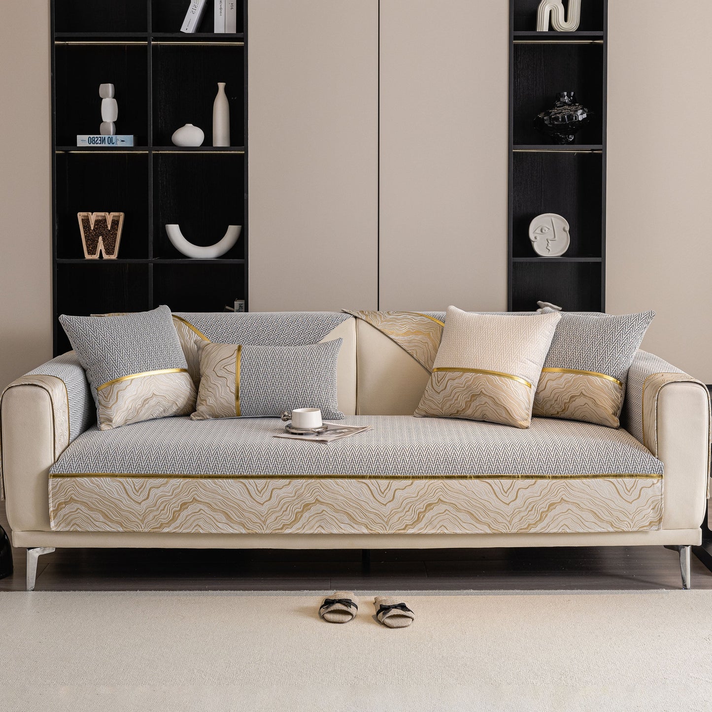 Non-Slip Couch Cover with Gold Trim, Sofa Slipcover for Sectional & Loveseat
