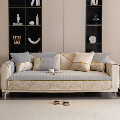 Non-Slip Couch Cover with Gold Trim, Sofa Slipcover for Sectional & Loveseat