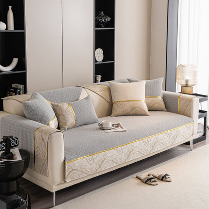 Non-Slip Couch Cover with Gold Trim, Sofa Slipcover for Sectional & Loveseat