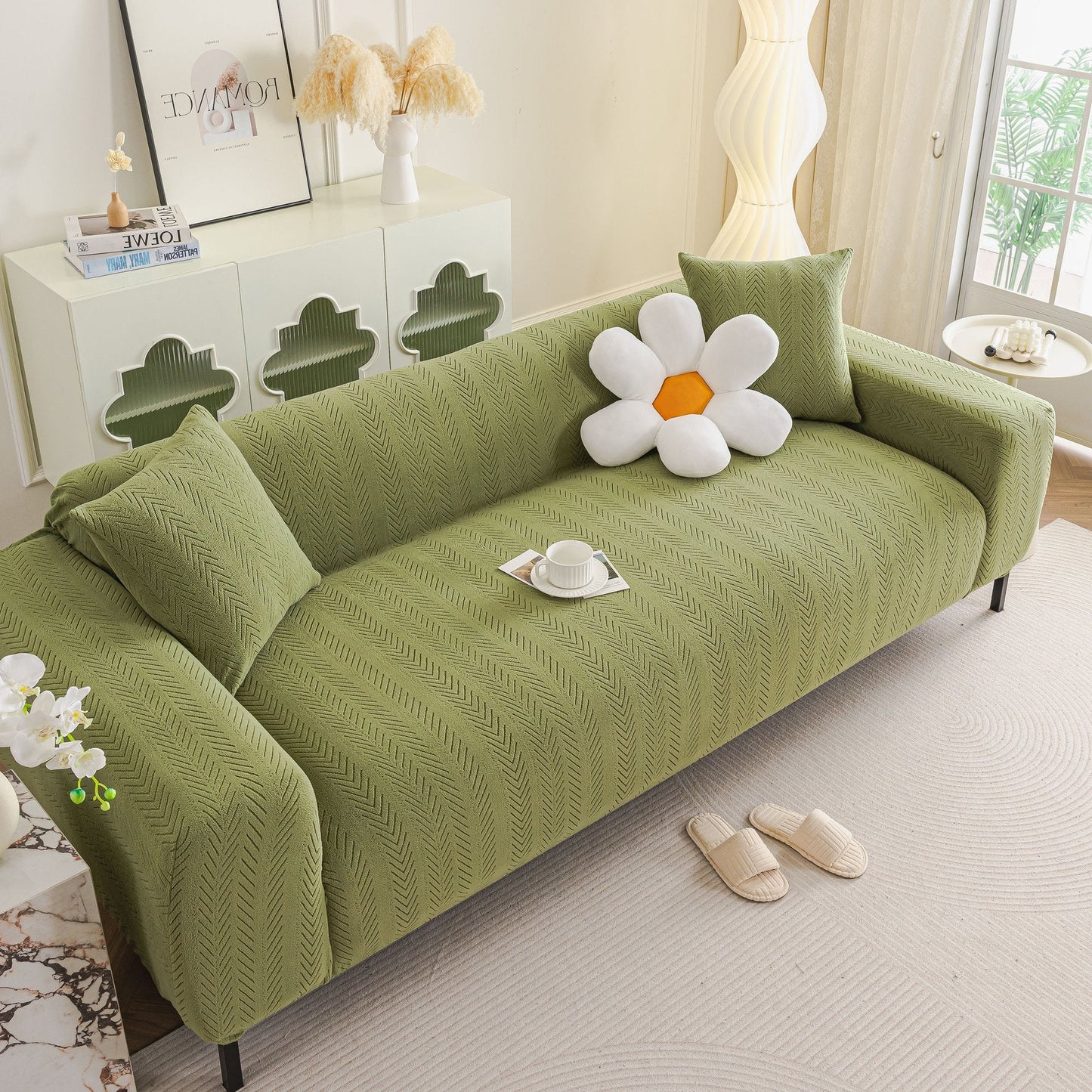 High Stretch Herringbone Textured Slipcover for Standard & L-Shaped Sectional Couches