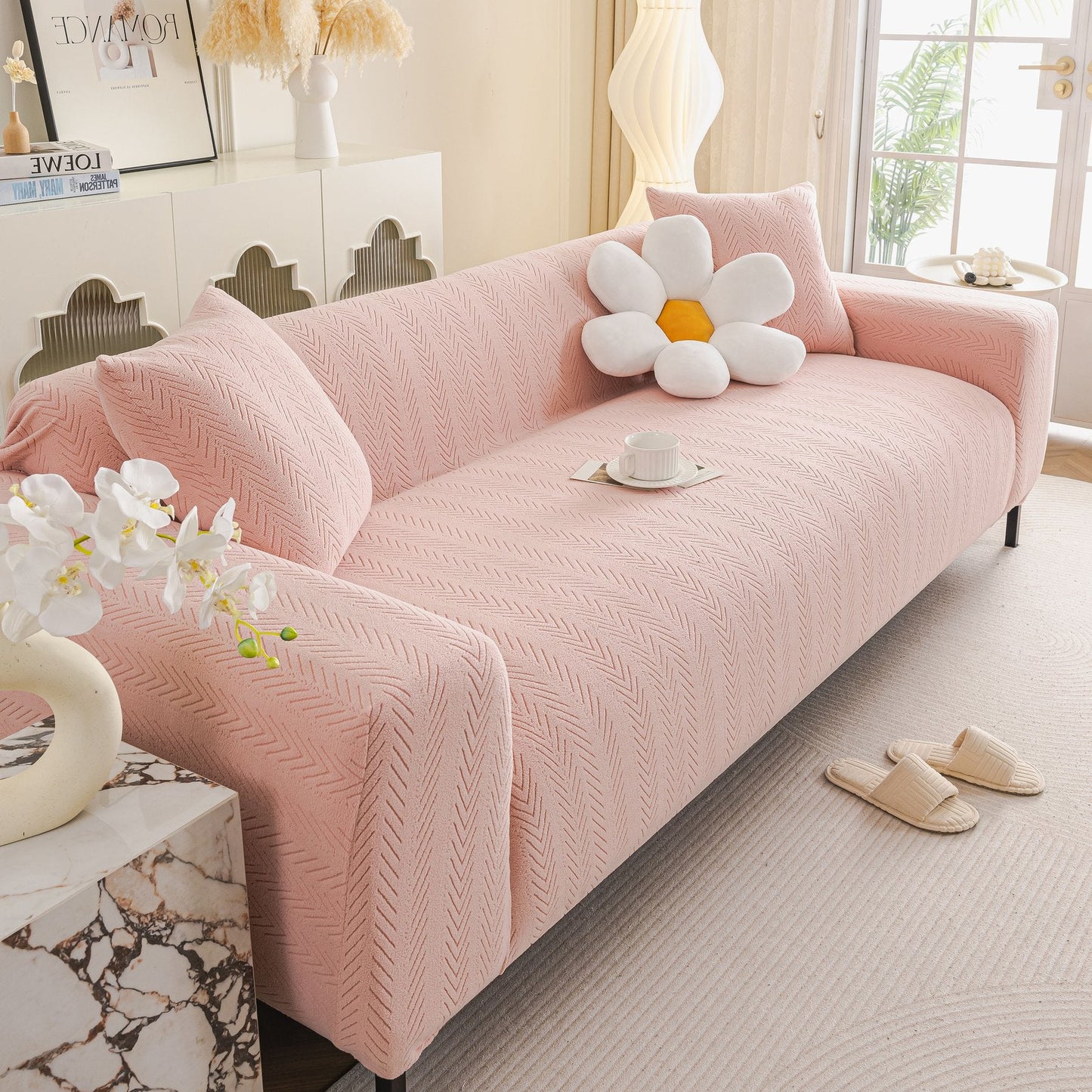 High Stretch Herringbone Textured Slipcover for Standard & L-Shaped Sectional Couches