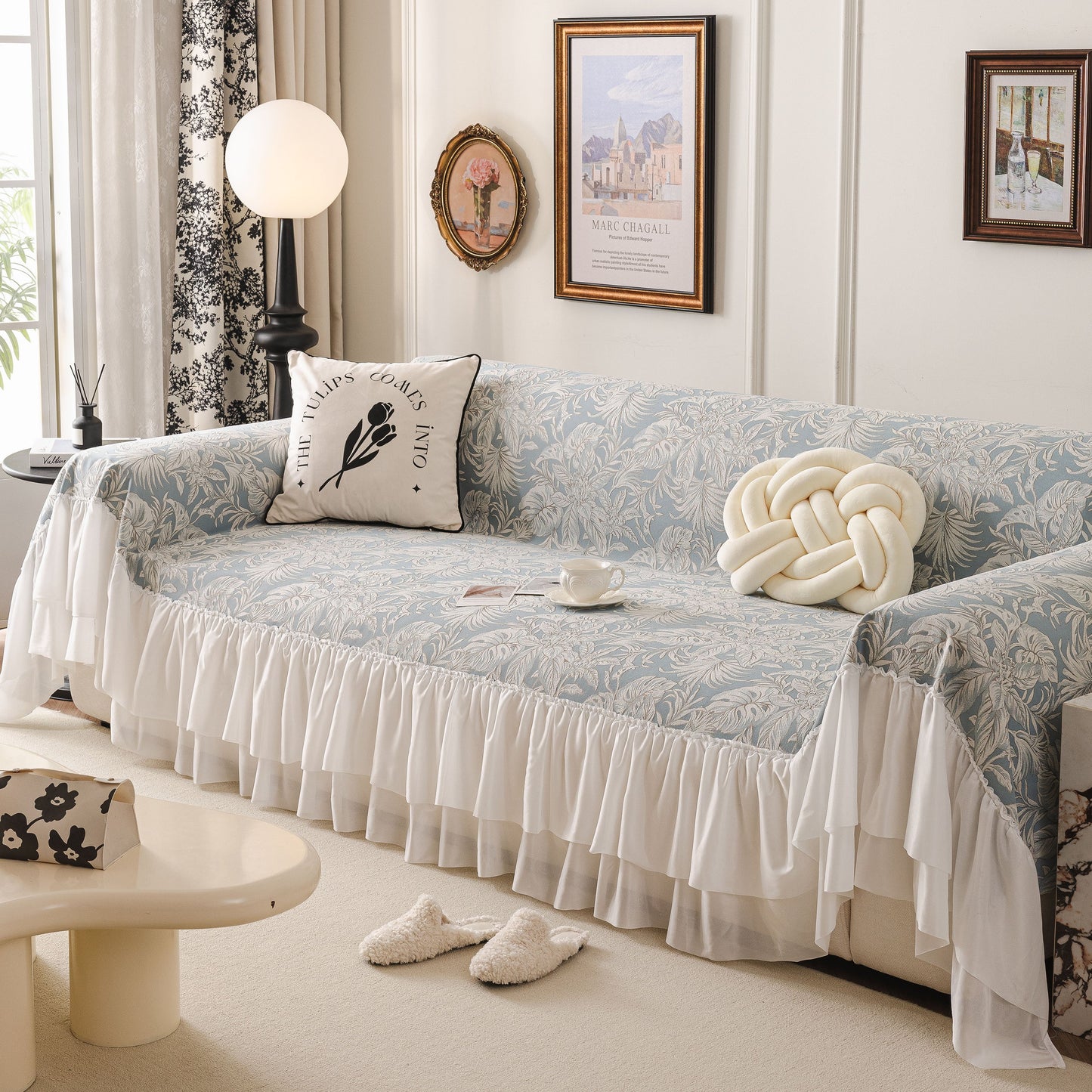 French Chic Style Ruffle Floral Cover Throws for Sofas, Decorative Couch Covers