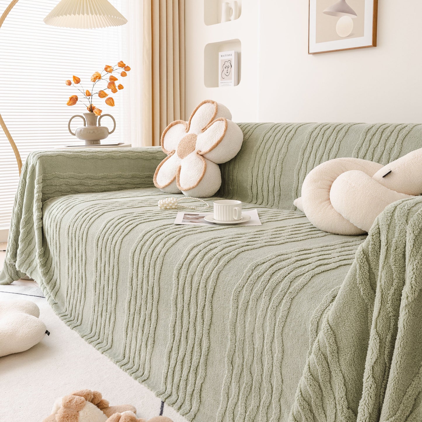 Modern 3D Water Ripple Sofa Cover, Non-Shedding Cream Style Furniture Protector Throw