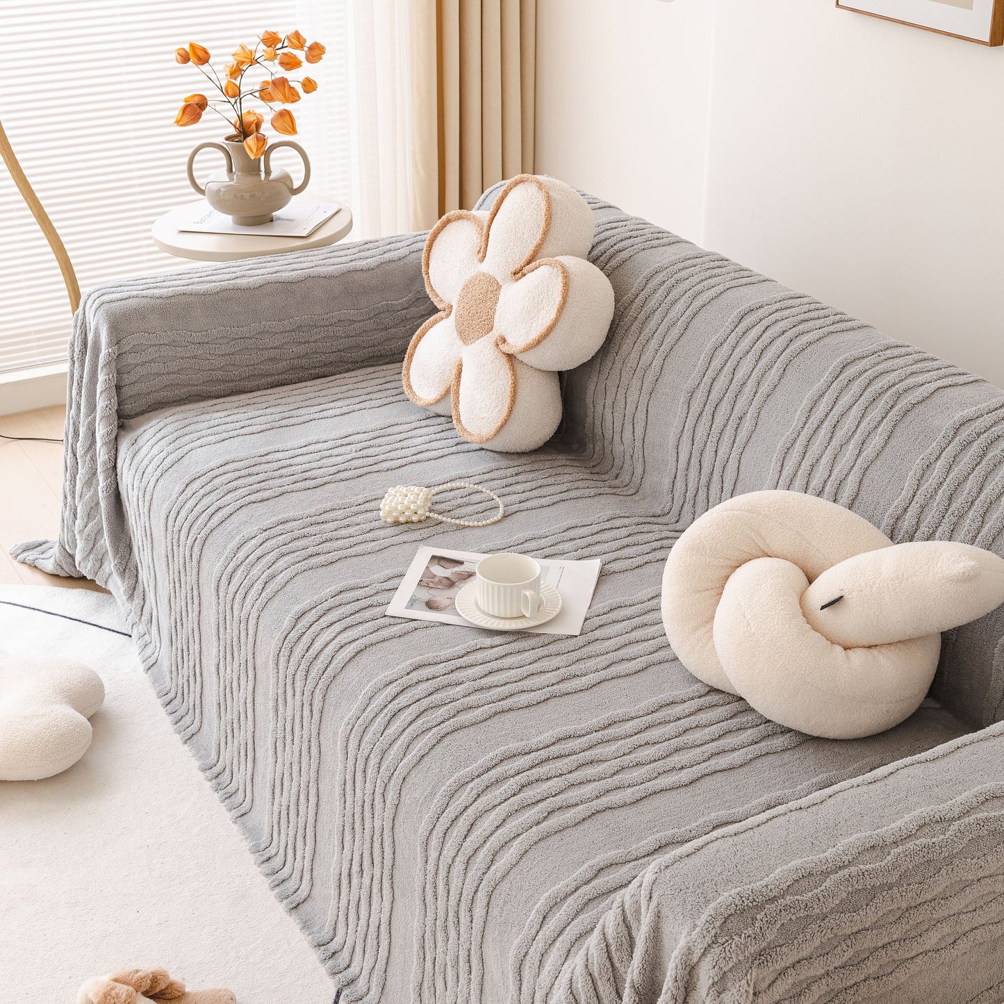 Modern 3D Water Ripple Sofa Cover, Non-Shedding Cream Style Furniture Protector Throw