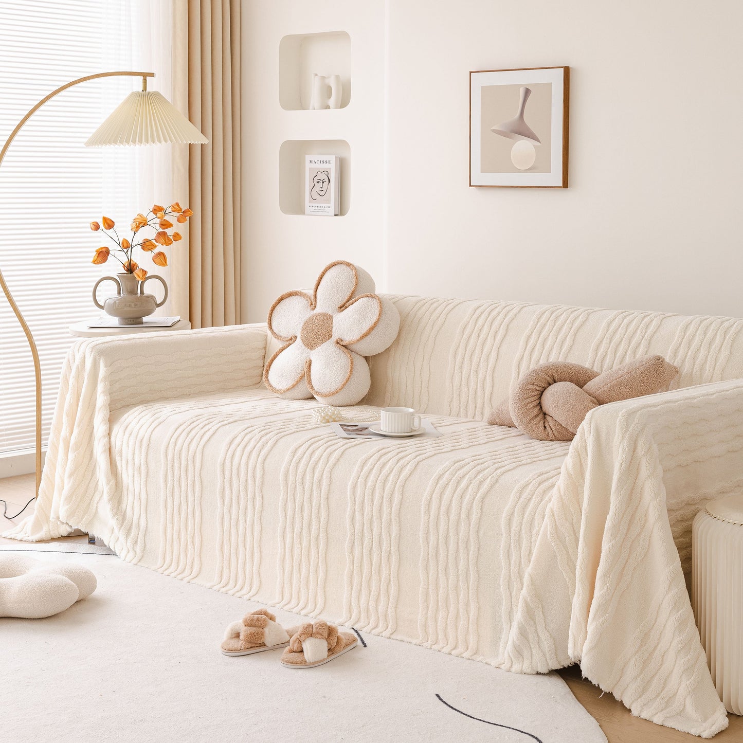 Modern 3D Water Ripple Sofa Cover, Non-Shedding Cream Style Furniture Protector Throw