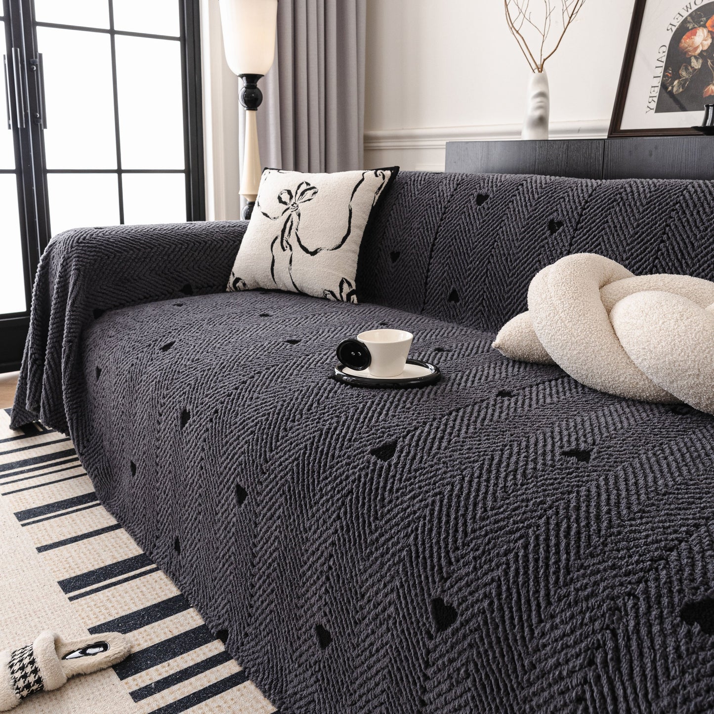 Thick Plush Sofa Cover Throw for Couch, 3D Textured Herringbone Washable Slipcover