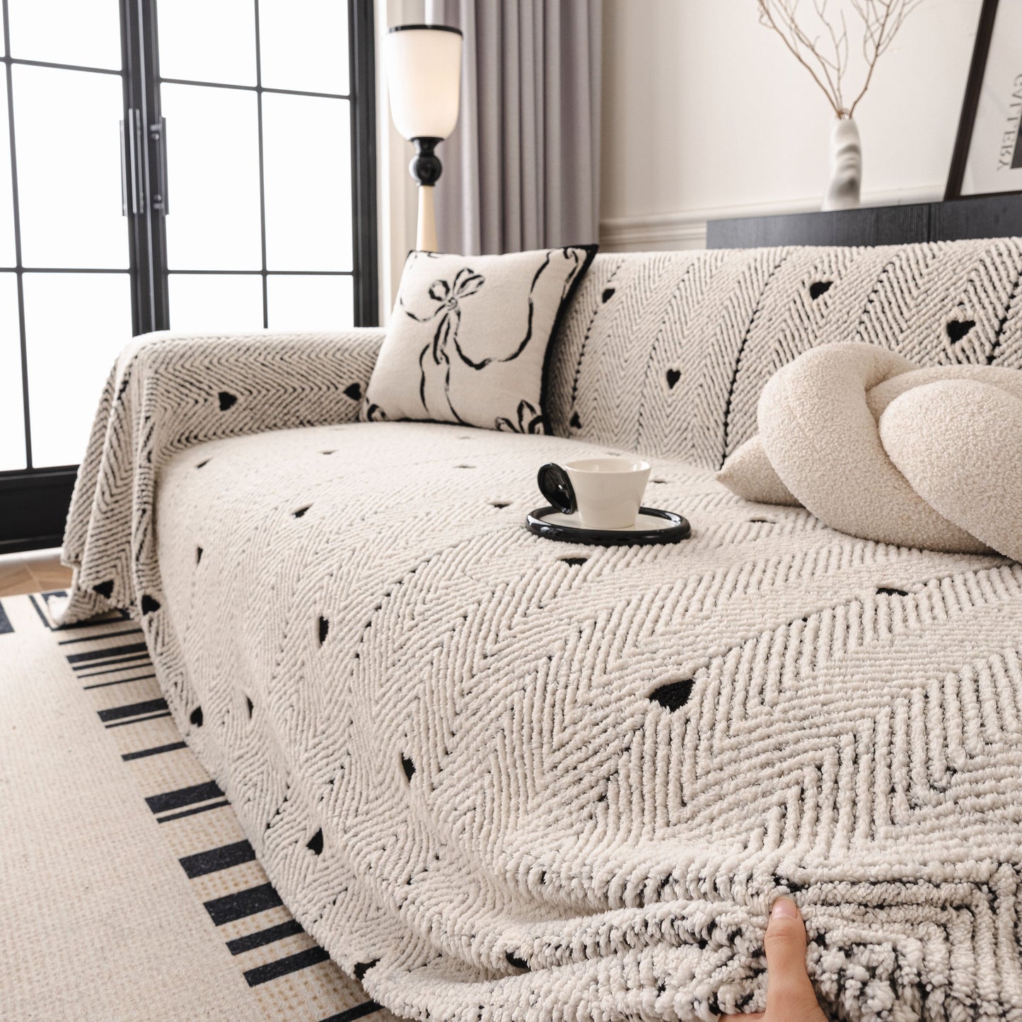 Thick Plush Sofa Cover Throw for Couch, 3D Textured Herringbone Washable Slipcover
