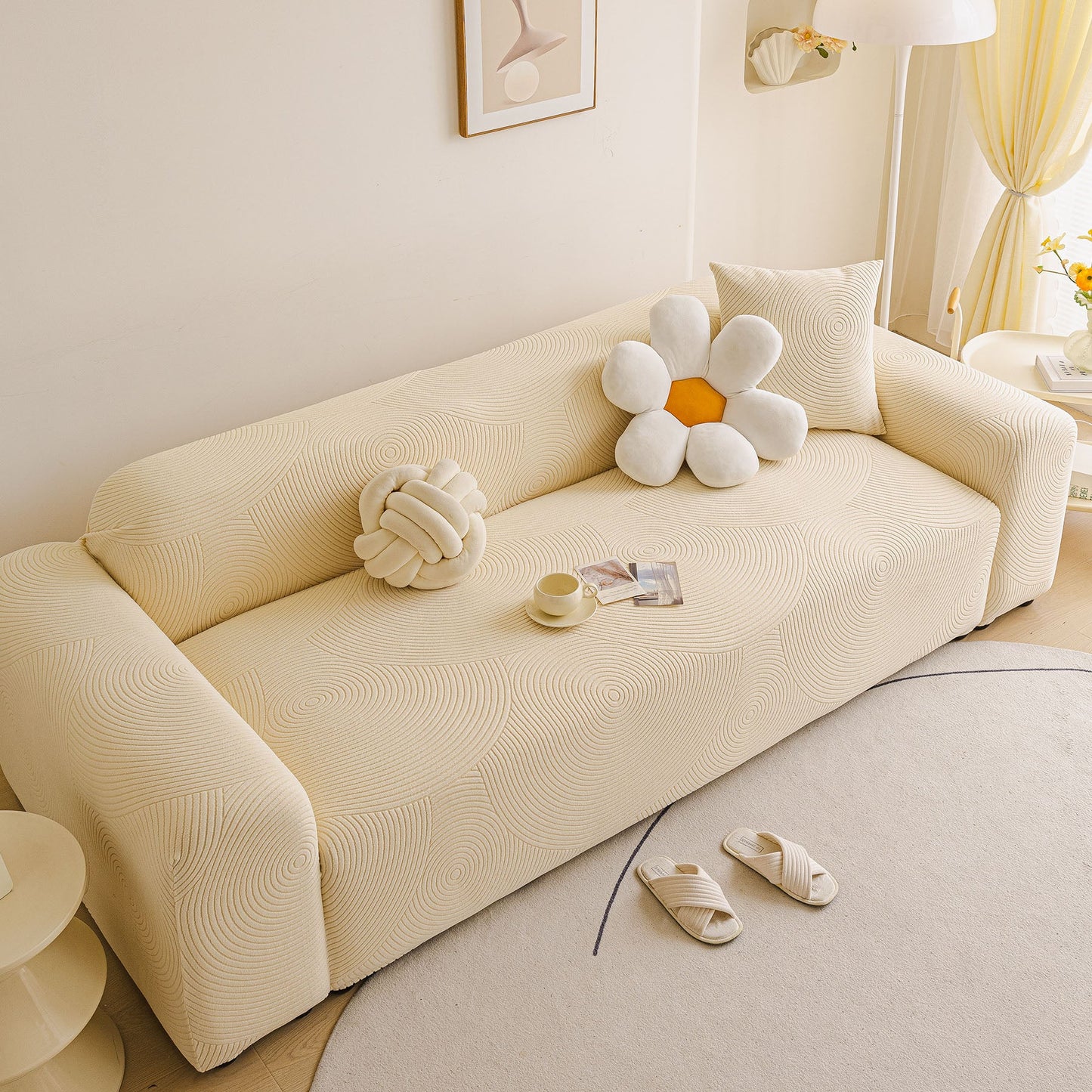 Elastic Stretch Sofa Cover Slipcover, Concentric Circle Jacquard Plush Couch Cover