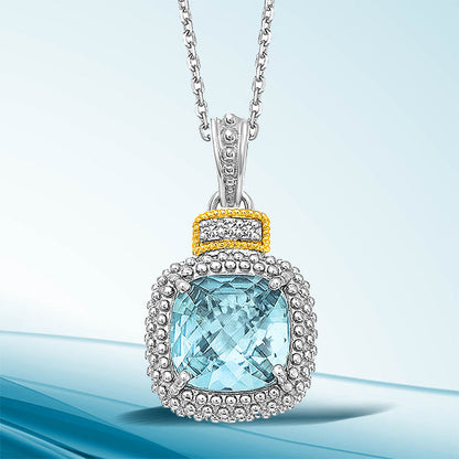 18k Yellow Gold & Sterling Silver Popcorn Sky Blue Topaz and Diamond Pendant