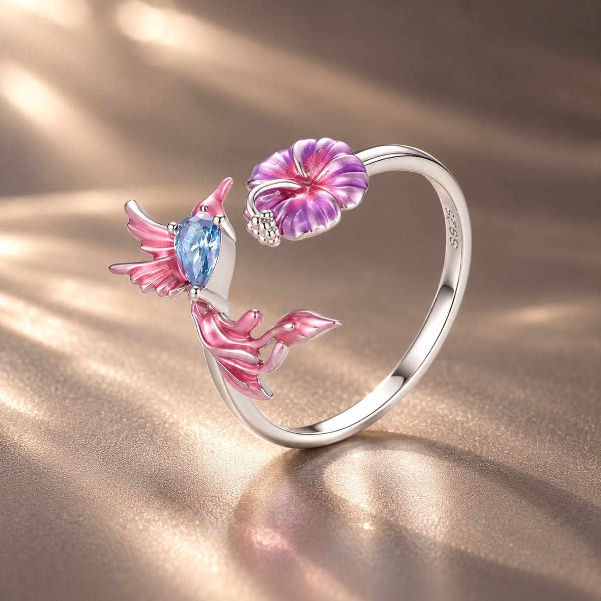 925 Sterling Silver White Gold Plated Enamel Pavé CZ Bird 1.9cm Ring for Women