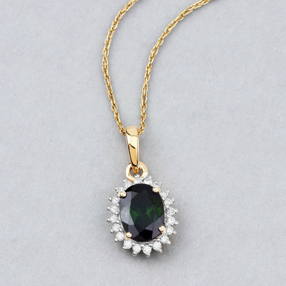 1.39 Carat Genuine Green Tourmaline and White Diamond 14K Yellow Gold Pendant
