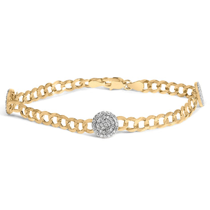14K Yellow Gold 5/8 Cttw Diamond Cluster Curb Chain Bracelet