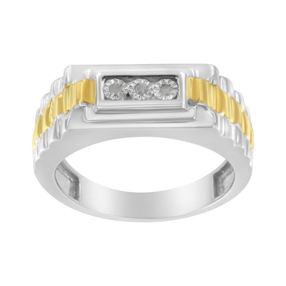 10K Yellow Gold Plated .925 Sterling Silver Diamond Accent Miracle-Set 3 Stone Ridged Band Gentlemen's Fashion Ring (I-J Color, I2-I3 Clarity) - Size 10