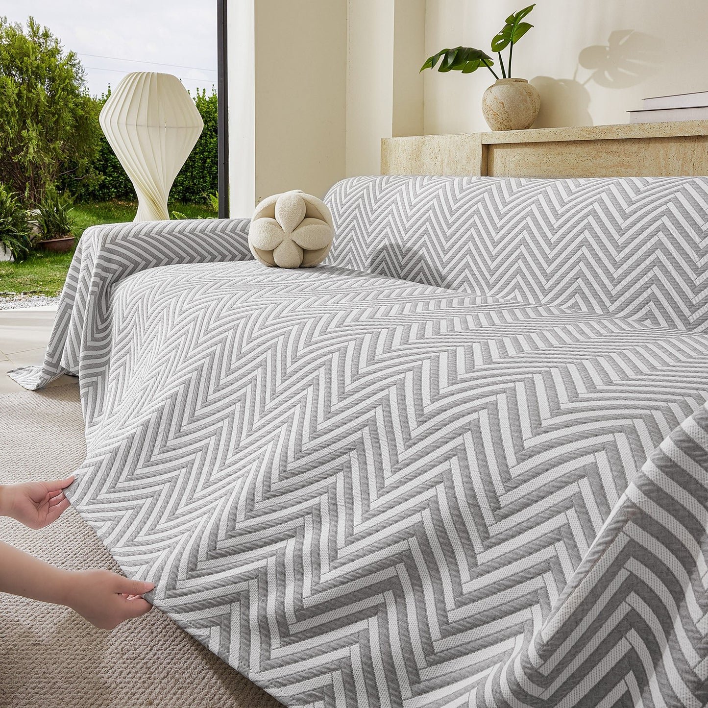 Three Layer Woven Soft Breathable Sofa Cover Blanket, Textured Chevron Couch Cover