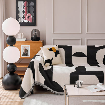 Modern Abstract Chenille Sofa Cover, Large Soft Throw Blanket with Tassels for Couch