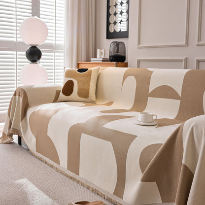 Modern Abstract Chenille Sofa Cover, Large Soft Throw Blanket with Tassels for Couch