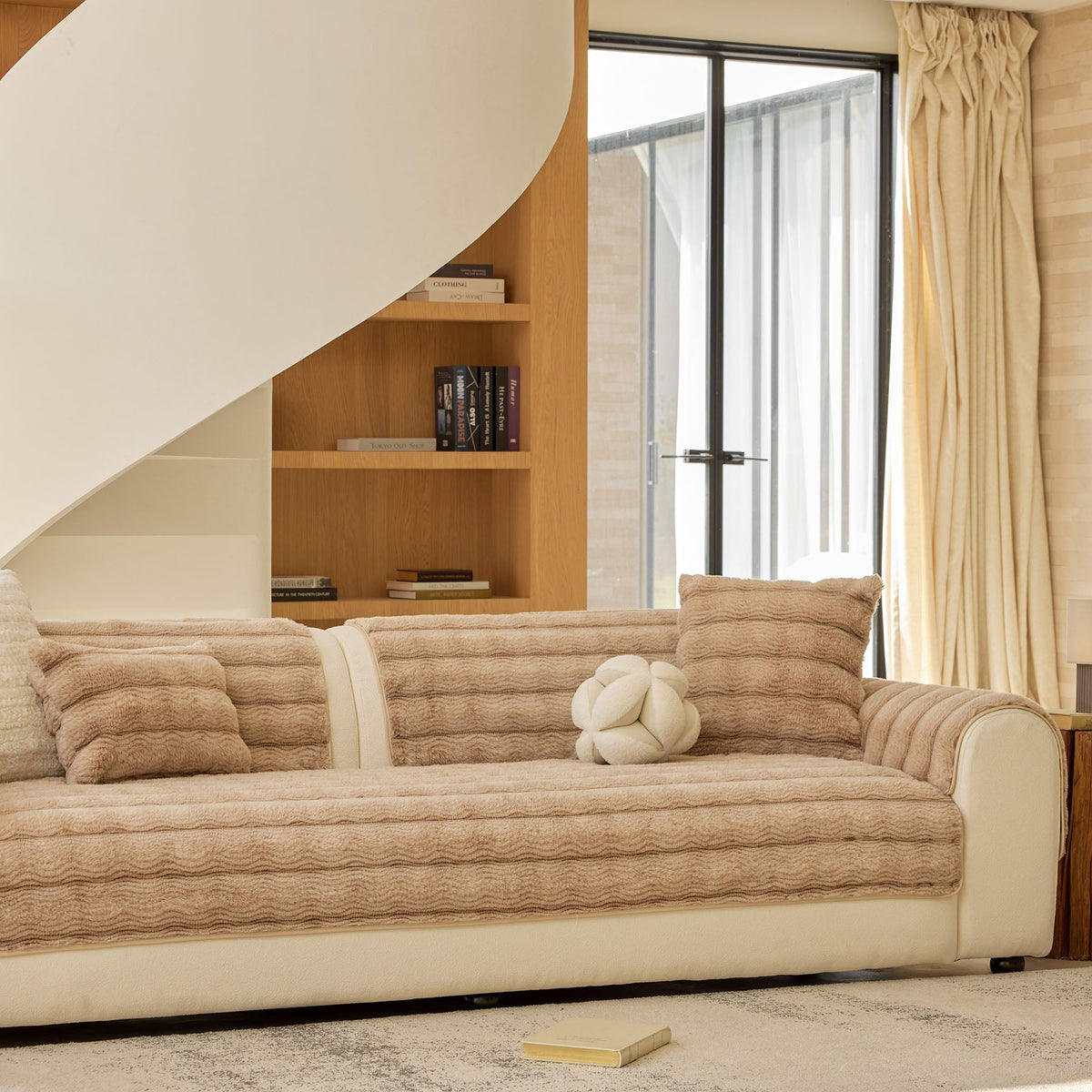 Plush Faux Rabbit Fur Sofa Cover, Warm Non-Slip Couch Protector for Leather Sofas