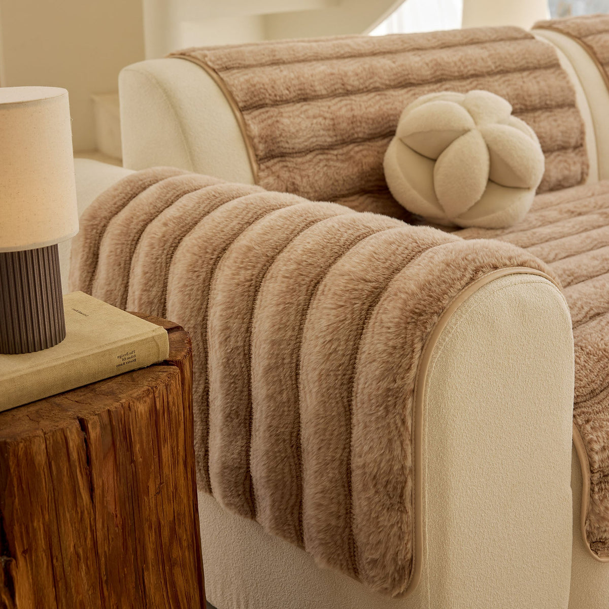 Plush Faux Rabbit Fur Sofa Cover, Warm Non-Slip Couch Protector for Leather Sofas