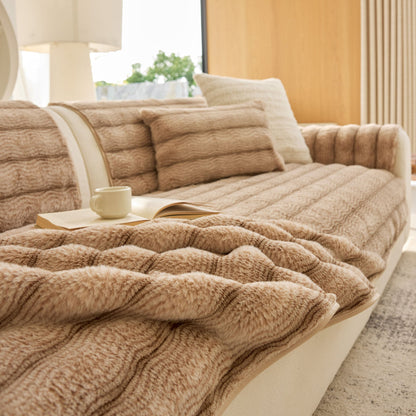 Plush Faux Rabbit Fur Sofa Cover, Warm Non-Slip Couch Protector for Leather Sofas