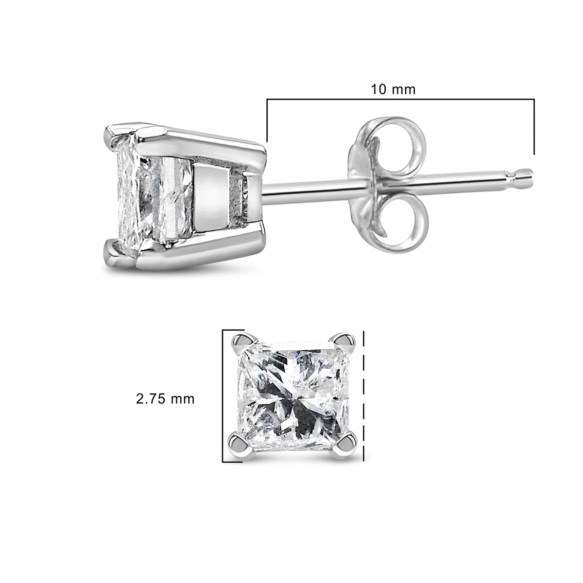 .925 Sterling Silver 1/4 Cttw Princess-Cut Diamond Solitaire Stud Earrings (H-I Color, I3 Clarity)