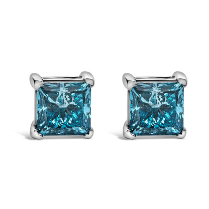 14K White Gold 1.0 Cttw Princess Cut Lab Grown Blue Diamond Solitaire Stud Earrings