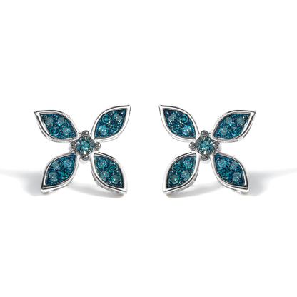 .925 Sterling Silver 1/3 Cttw Blue Diamond Floral Earrings