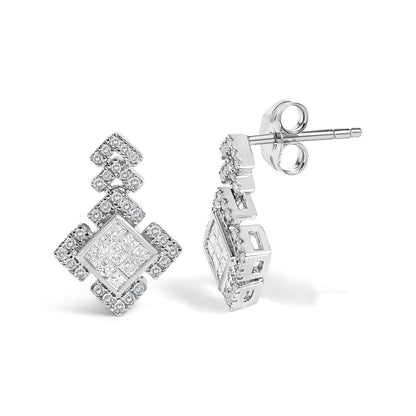 10K White Gold 3/5 Cttw Princess Diamond Geometric Drop Earrings