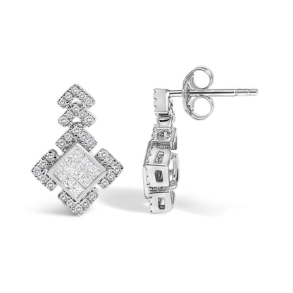 10K White Gold 3/5 Cttw Princess Diamond Geometric Drop Earrings