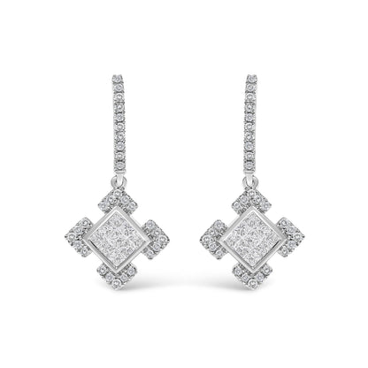 10K White Gold Princess and Round Diamond Geometric Composite Dangle Earrings