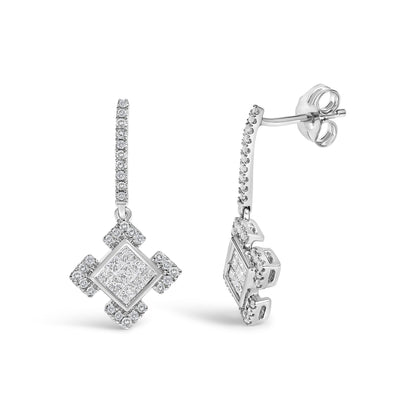 10K White Gold Princess and Round Diamond Geometric Composite Dangle Earrings