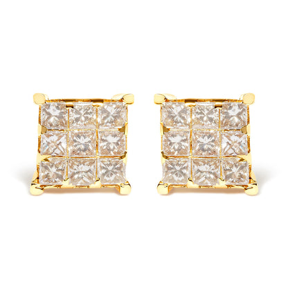 14K Yellow Gold 1 1/2 Cttw Invisible Set Princess-Cut Diamond 9 Stone Square Stud Earrings (J-K Color, SI2-I1 Clarity)