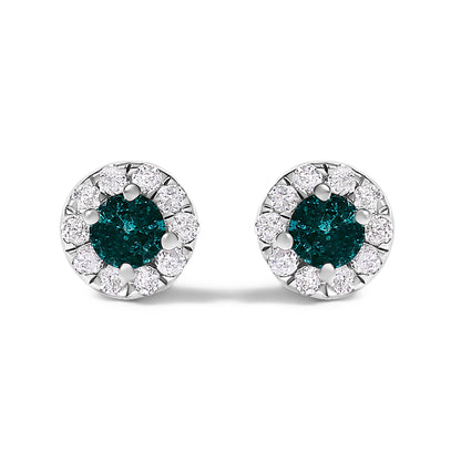 .925 Sterling Silver 1/3 Cttw White and Blue Diamond Halo Stud Earring