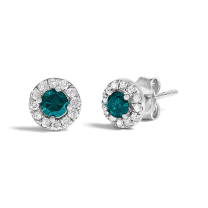 .925 Sterling Silver 1/2 Cttw Blue Diamond Halo Stud Earring