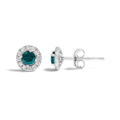 .925 Sterling Silver 1/2 Cttw Blue Diamond Halo Stud Earring