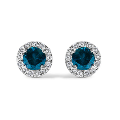 .925 Sterling Silver 1.00 Cttw Blue Diamond Halo Stud Earring