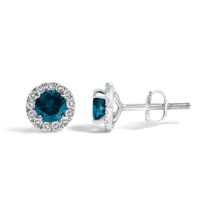 .925 Sterling Silver 1.00 Cttw Blue Diamond Halo Stud Earring