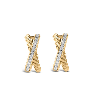 14K Yellow Gold Plated Sterling Silver 1/5 Cttw Diamond Twisted Design Hoop Earrings