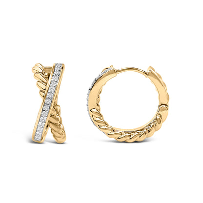14K Yellow Gold Plated Sterling Silver 1/5 Cttw Diamond Twisted Design Hoop Earrings