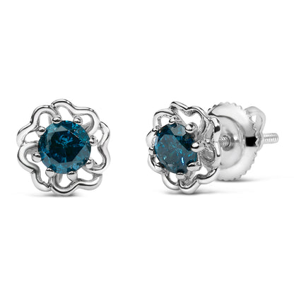.925 Sterling Silver 1/2 Cttw Blue Diamond with Openwork Floral Halo Stud Earrings