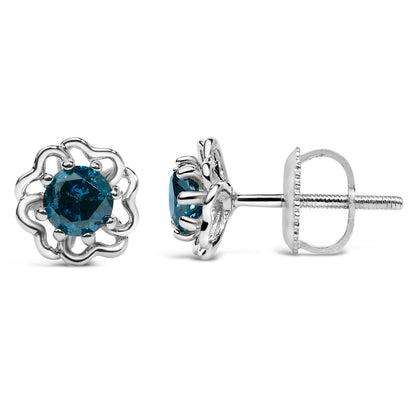 .925 Sterling Silver 1/2 Cttw Blue Diamond with Openwork Floral Halo Stud Earrings