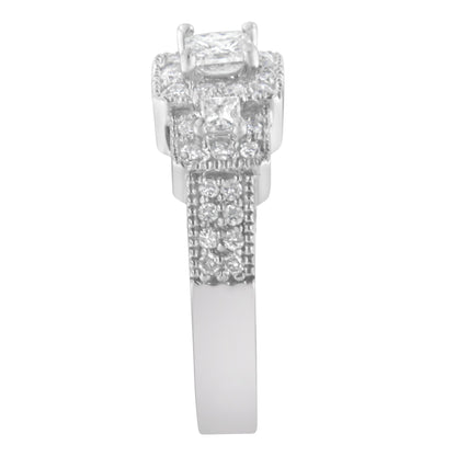 14K White Gold Round and Princess-Cut Diamond Three Stone Ring (1 Cttw, H-I Color, I1-I2 Clarity) - Size 7