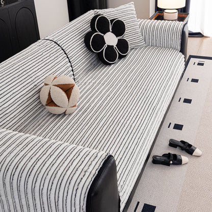 Plush Striped Couch Seat and Backrest Cover, Non-Slip Individual Sofa Protector