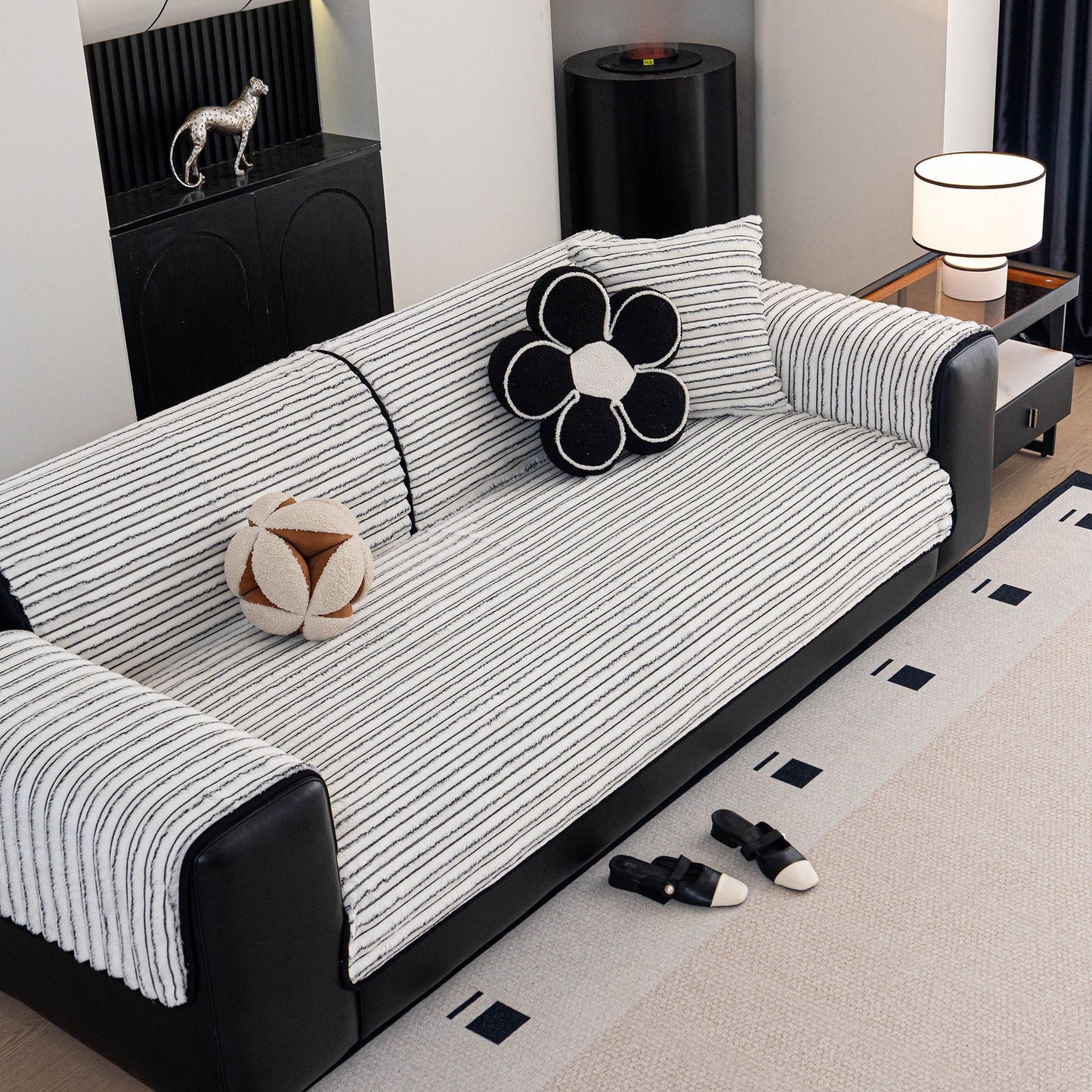 Plush Striped Couch Seat and Backrest Cover, Non-Slip Individual Sofa Protector